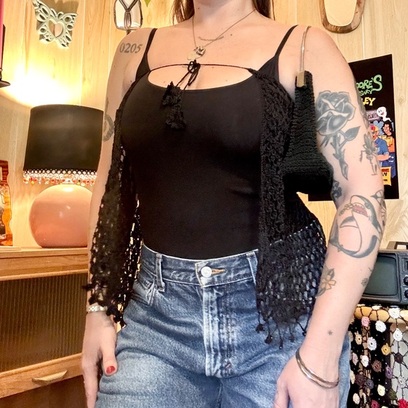 Vintage Black Crochet Bead Fringe Wrap 90s 2000s - Picture 2 of 9